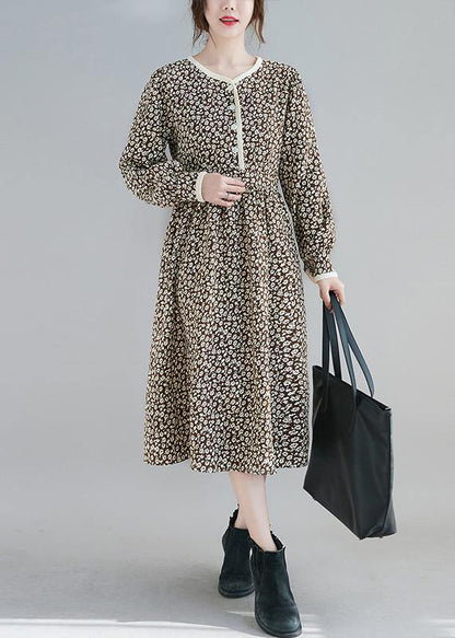 French O Neck Spring Tunics Tunic Khaki Print a Line Dress