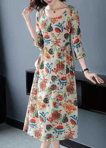 French O-neck Wrinkled Print Chiffon Dress Three Quarter Sleeve