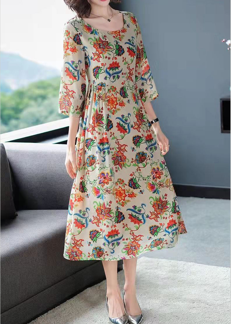 French O-neck Wrinkled Print Chiffon Dress Three Quarter Sleeve
