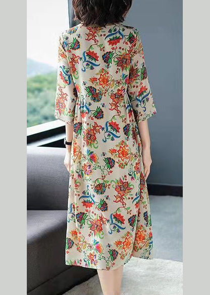 French O-neck Wrinkled Print Chiffon Dress Three Quarter Sleeve