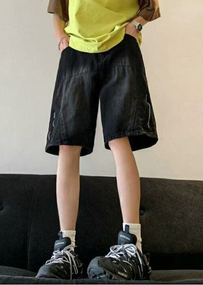 French Old Blue Zippered Pockets High Waist Shorts Summer