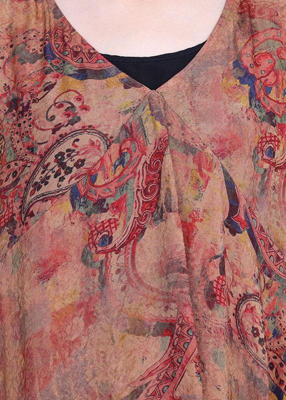French Orange Asymmetrical V Neck Print Summer Silk Summer Dress Half Sleeve