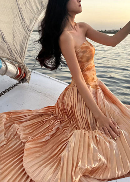 French Orange Cold Shoulder Wrinkled Party Long Dress Sleeveless