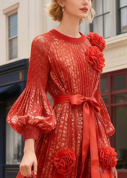 French Orange Decorated Chiffon Party Dress Lantern Sleeve
