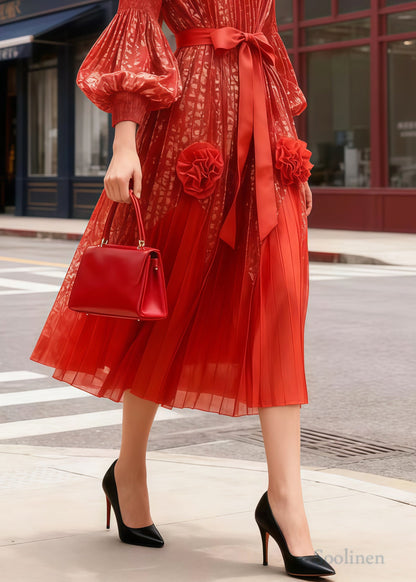 French Orange Decorated Chiffon Party Dress Lantern Sleeve