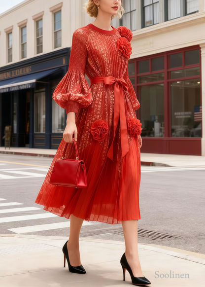 French Orange Decorated Chiffon Party Dress Lantern Sleeve