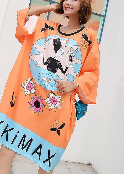 French Orange Graphic Cotton Loose Summer Long Dress