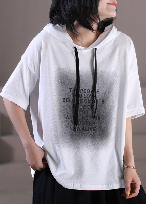 French Orange Hooded Letter Print Cotton Pullover Short Sleeve