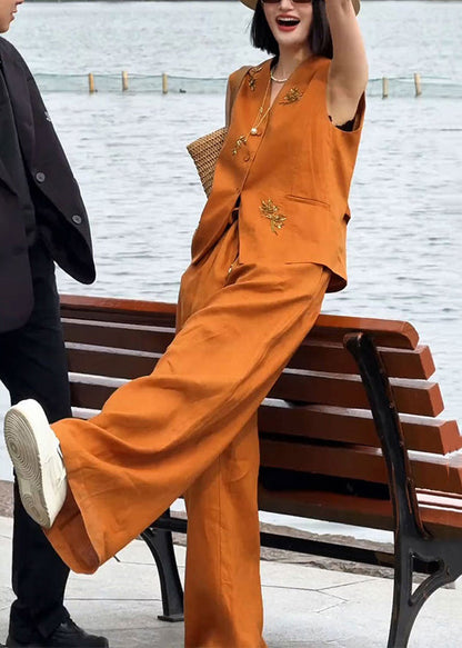 French Orange Nail Bead Waistcoat and Pants Linen Two Pieces Set Sleeveless
