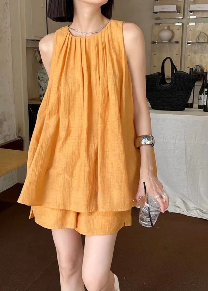French Orange O-neck Vest and Shorts Two Pieces Set Summer