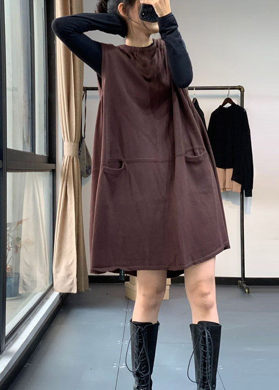 French Orange Red O-neck Pockets Fall Sweater Dress Knit Vest