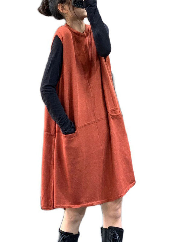 French Orange Red O-neck Pockets Fall Sweater Dress Knit Vest