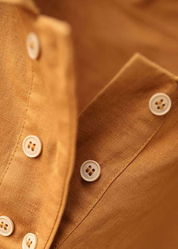 French Orange Color Turn-down Collar Double Breast Cotton Blouses Short Sleeve
