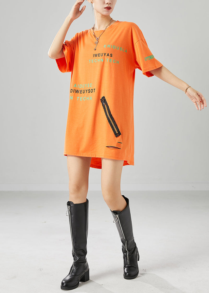 French Orange Zip Up Letter Print Cotton Ripped Tank Summer