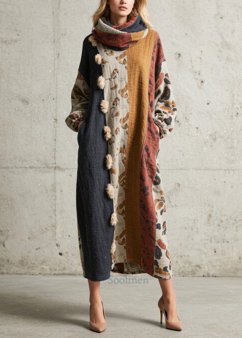 French Oversized Patchwork Fuzzy Ball Decorated Long Dresses Fall