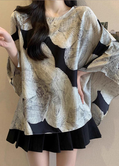 French Oversized Print Chiffon Shirt Top Batwing Sleeve