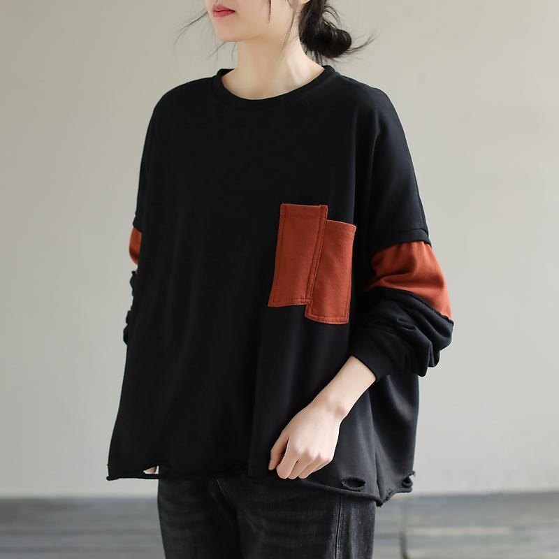 French Patchwork Cotton Spring Long Shirts Work Outfits Black Blouses