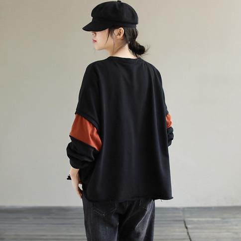 French Patchwork cotton Spring Long Shirts Work Outfits Black blouses