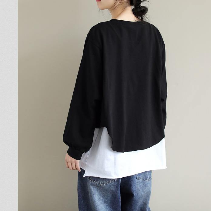 French Patchwork cotton SpringBlouse Neckline Black Shirts