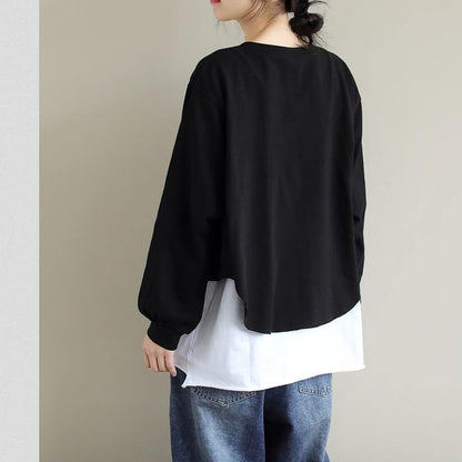 French Patchwork cotton SpringBlouse Neckline Black Shirts