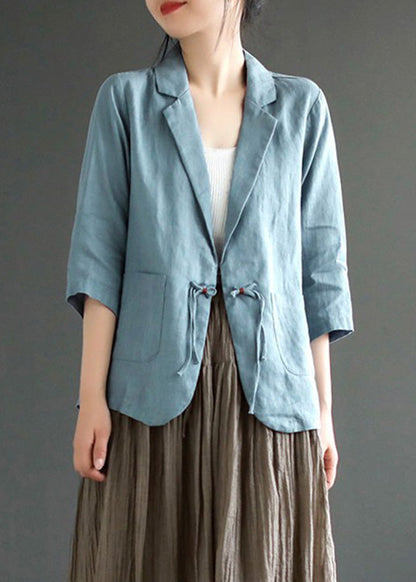 French Peacock Blue Notched Button Coats Half Sleeve