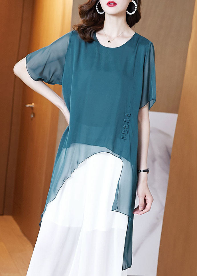 French Peacock Blue O-neck Asymmetrical Patchwork Chiffon Shirts Tops Summer