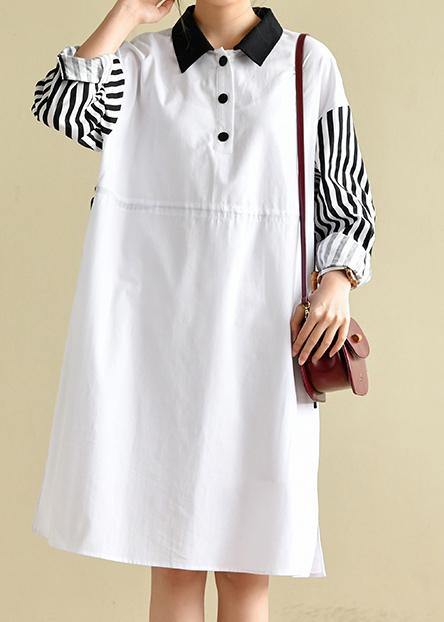 French Peter Pan Collar Striped Dresses Big Hem Cotton Dress