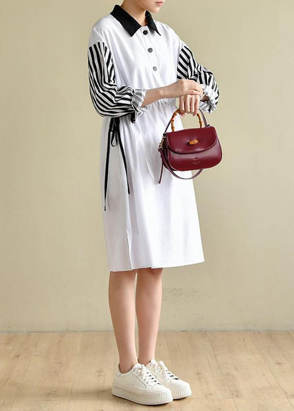 French Peter Pan Collar Striped Dresses Big Hem Cotton Dress