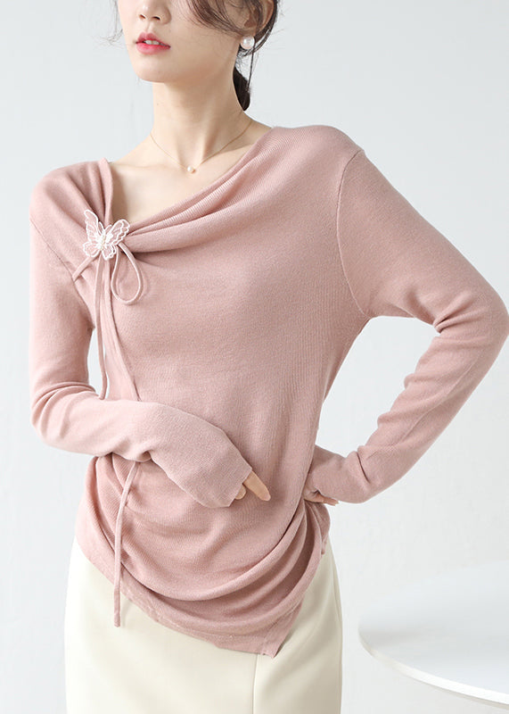 French Pink Asymmetrical Wrinkled Knit Top Spring