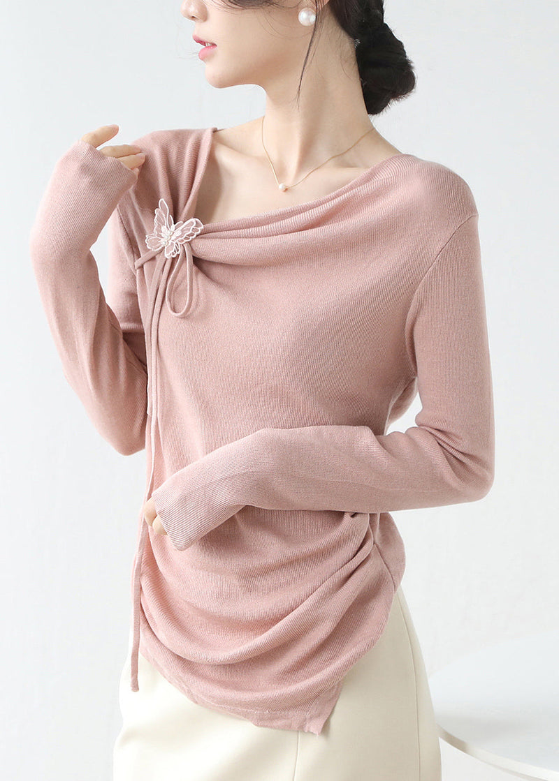 French Pink Asymmetrical Wrinkled Knit Top Spring