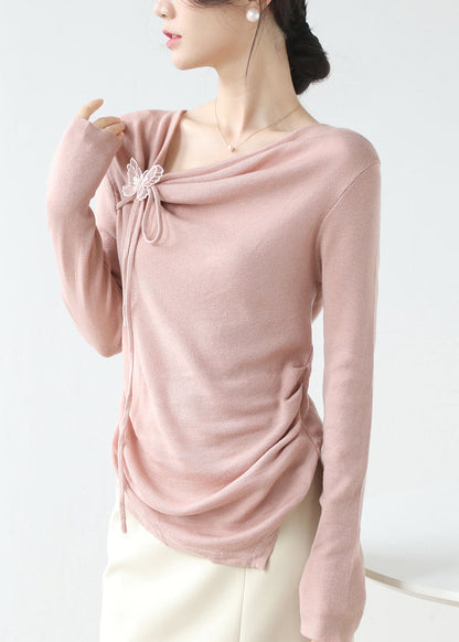 French Pink Asymmetrical Wrinkled Knit Top Spring