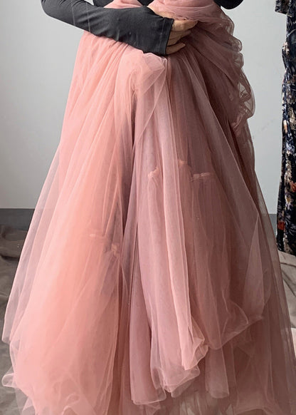 French Pink Asymmetrical Wrinkled Tulle Skirt Winter