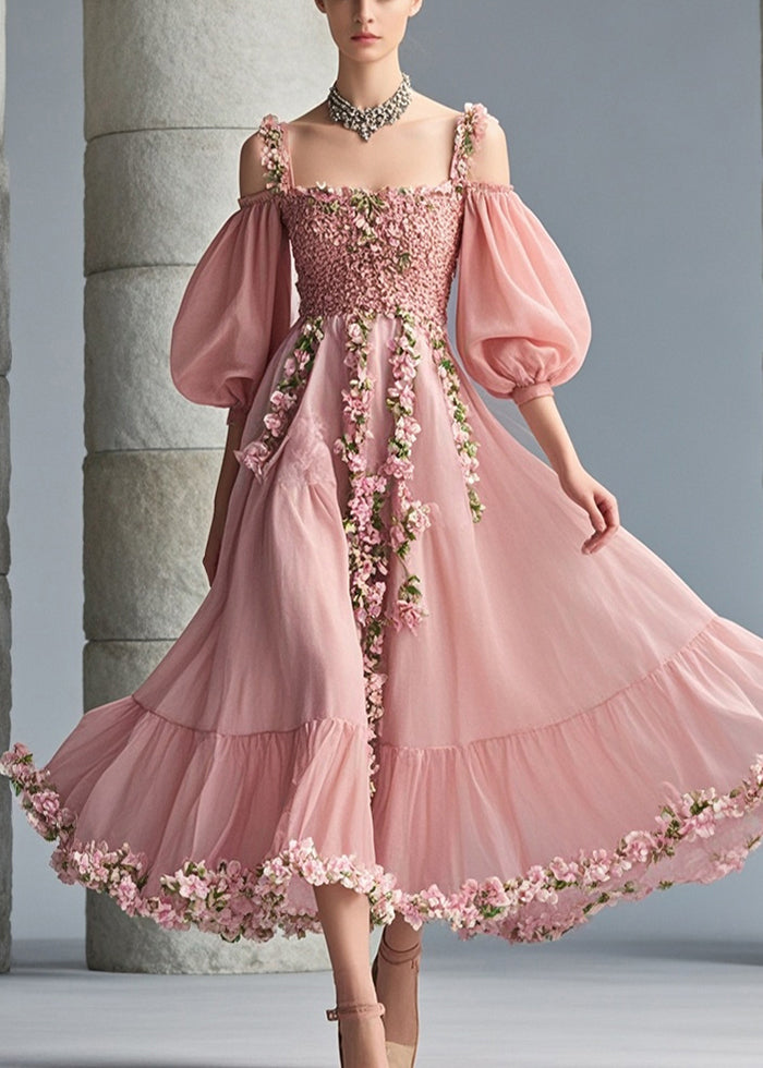 French Pink Cold Shoulder Three-dimensional Chiffon Party Dress Puff Sleeve