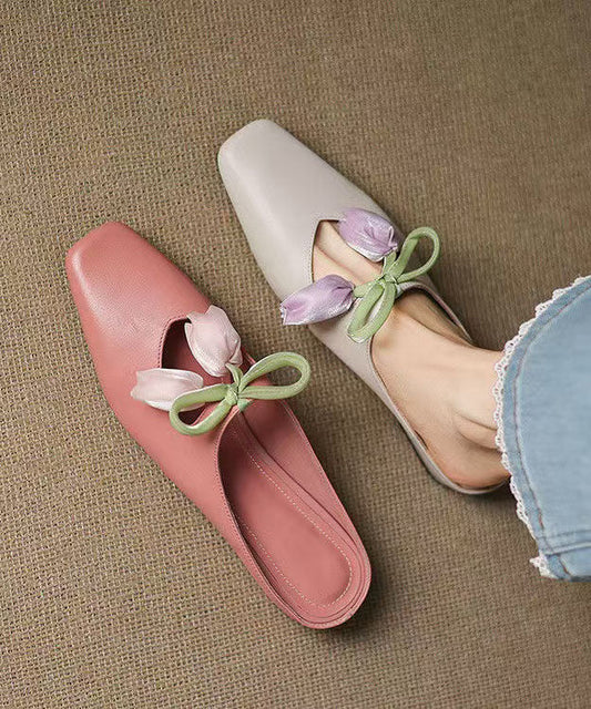 French Pink Cowhide Leather Splicing Slide Sandals