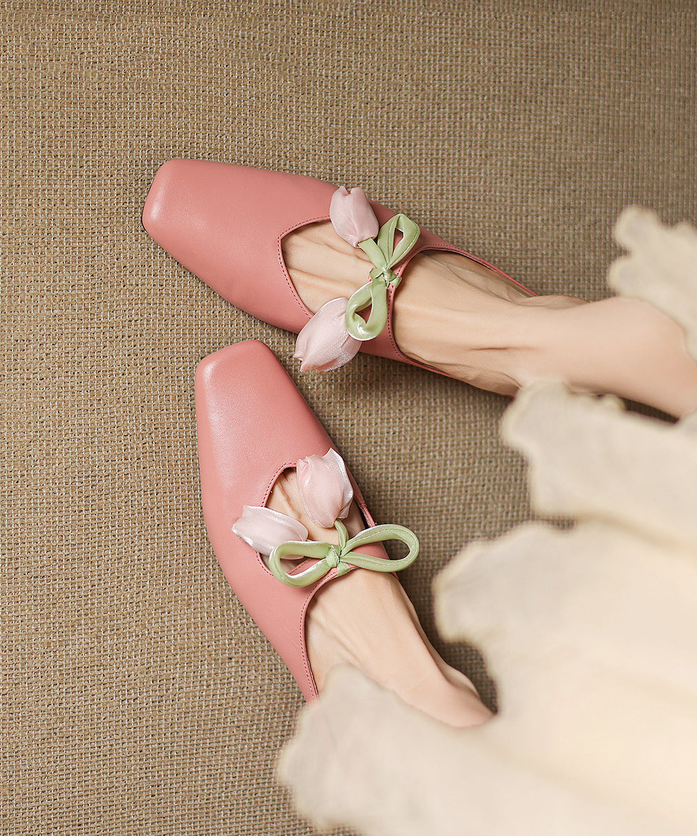 French Pink Cowhide Leather Splicing Slide Sandals