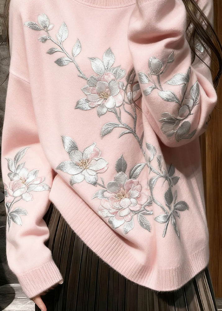French Pink Embroidered Knit Cozy Sweaters Winter
