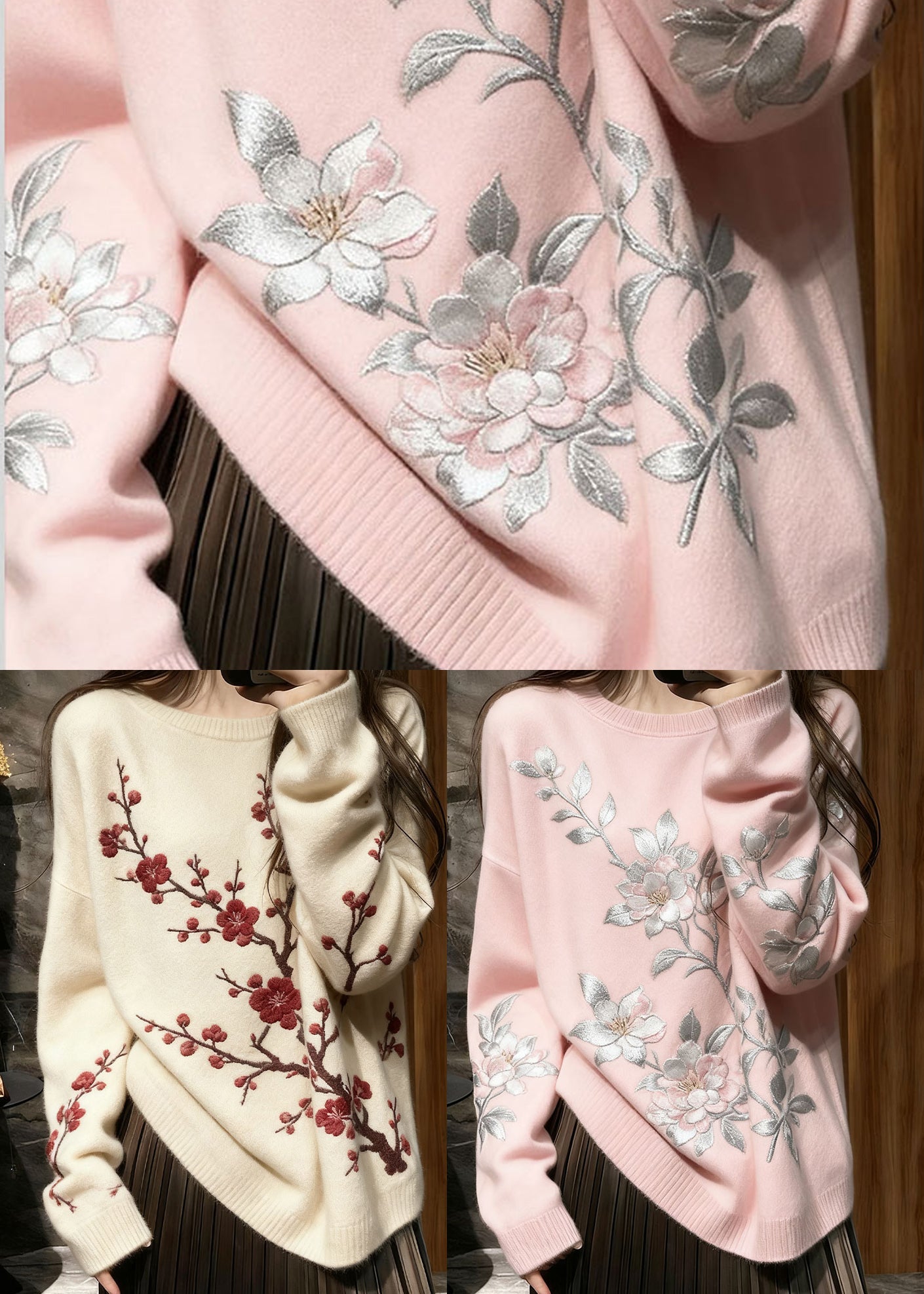 French Pink Embroidered Knit Cozy Sweaters Winter