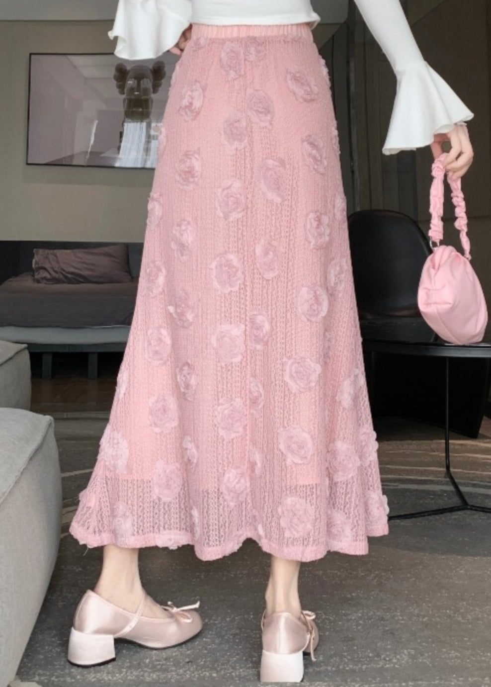 French Pink Decorated High Waist Cotton Skirt Spring