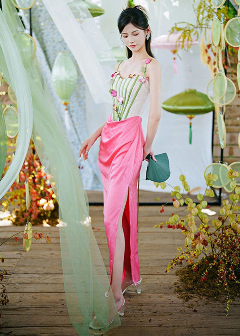French Pink Patchwork Wrinkled Side Open Slip Dress Sleeveless