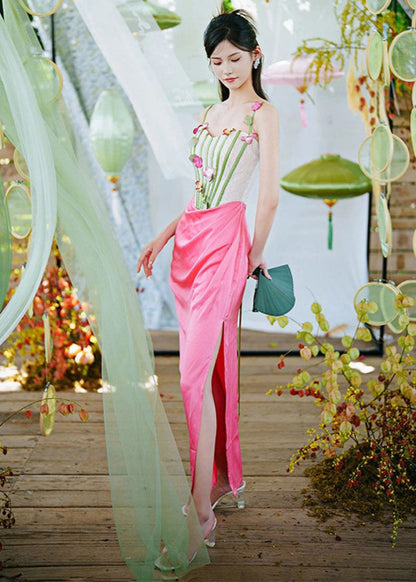 French Pink Patchwork Wrinkled Side Open Slip Dress Sleeveless