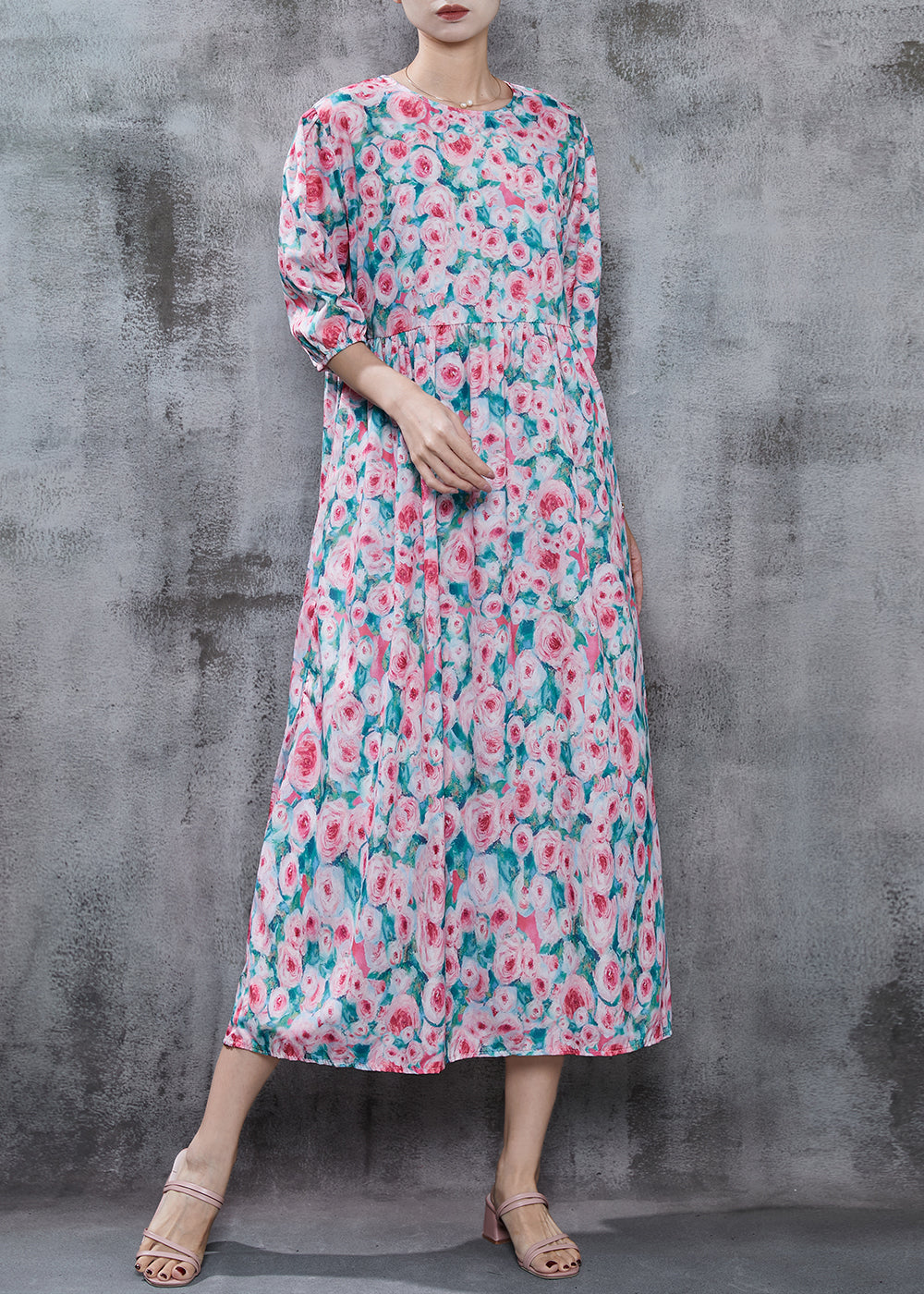 French Pink Print Cotton Long Dress Summer