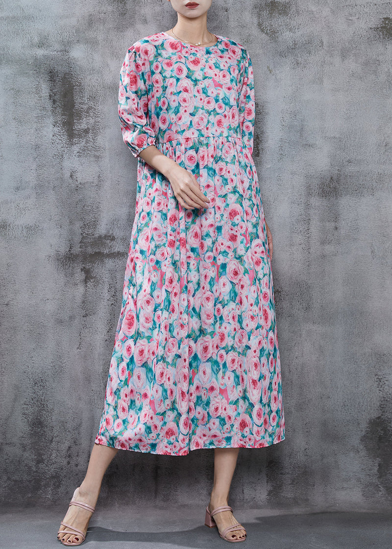 French Pink Print Cotton Long Dress Summer