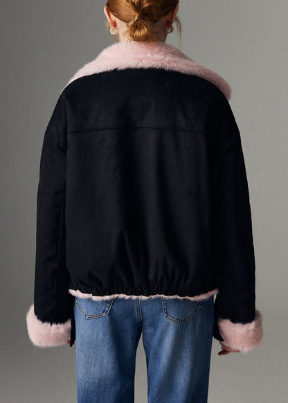 French Pink Fluffy Wear on Both Sides Faux Suede Coats Winter