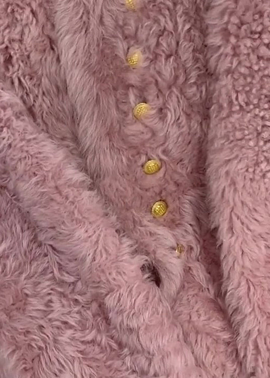 French Pink O-neck Button Faux Fur Coats Spring
