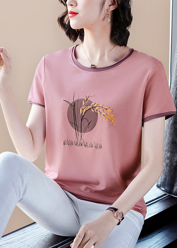French Pink O-neck Embroideried Patchwork Tanks Short Sleeve