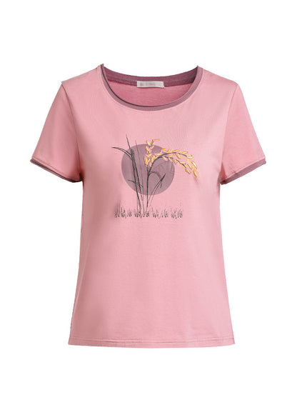 French Pink O-neck Embroideried Patchwork Tanks Short Sleeve