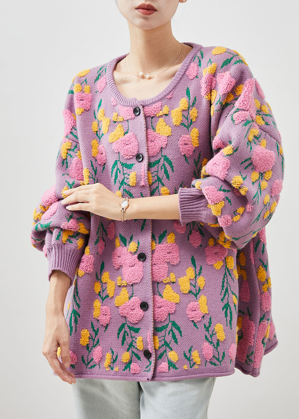 French Pink O-neck Jacquard Knit Cardigans Winter