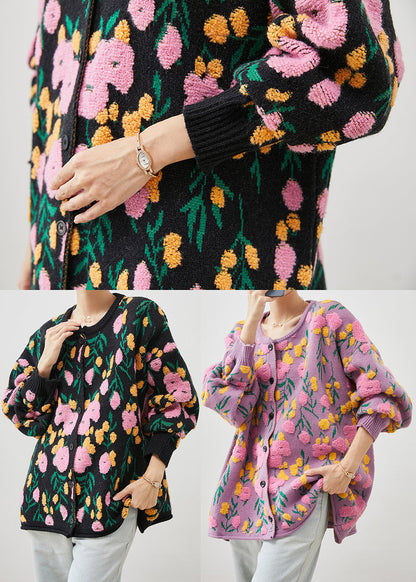 French Pink O-neck Jacquard Knit Cardigans Winter