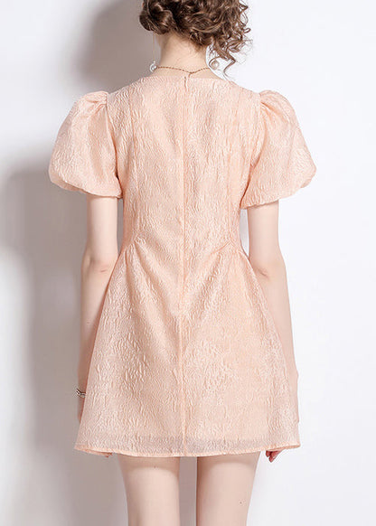 French Pink O Neck Jacquard Nail Bead Cotton Dresses Summer