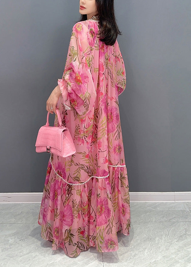 French Pink O-neck Print Nail Bead Holiday Chiffon Long Dress Summer